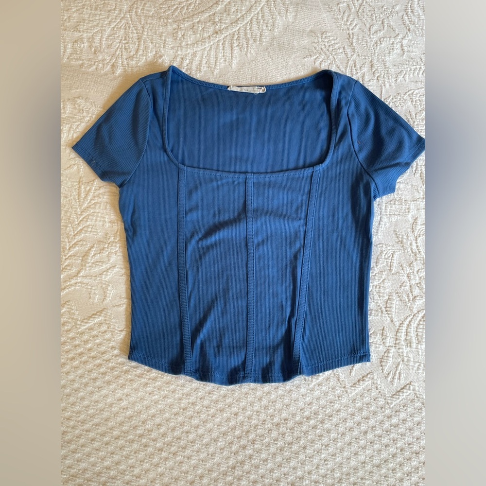 LUSH 90s Y2K Blue Ribbed Corset Style Short Sleeve Square Neck Top Size L EUC